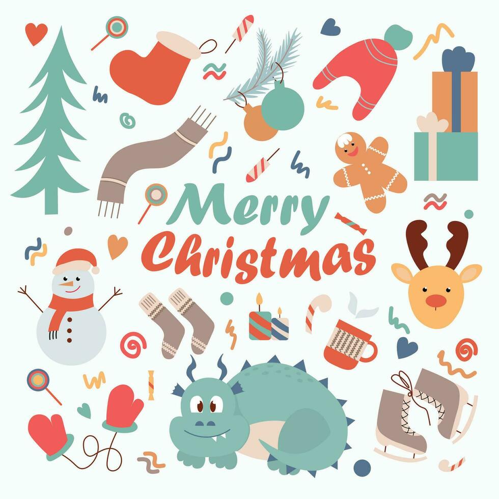 Christmas doodle illustration set. Holiday symbols and elements of the New Year. Flat illustration vector