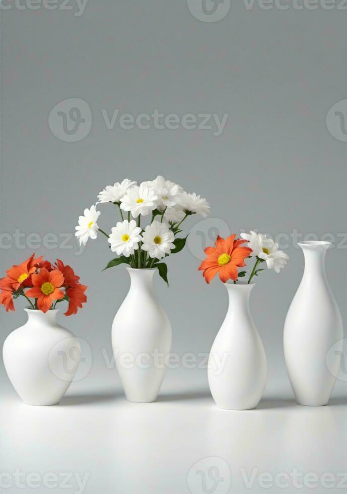 Group Of Vases With Flowers Isolated On A White Background. AI Generated photo