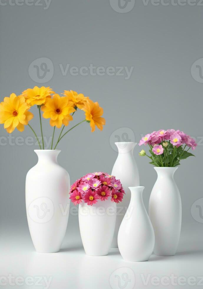 Group Of Vases With Flowers Isolated On A White Background. AI Generated photo