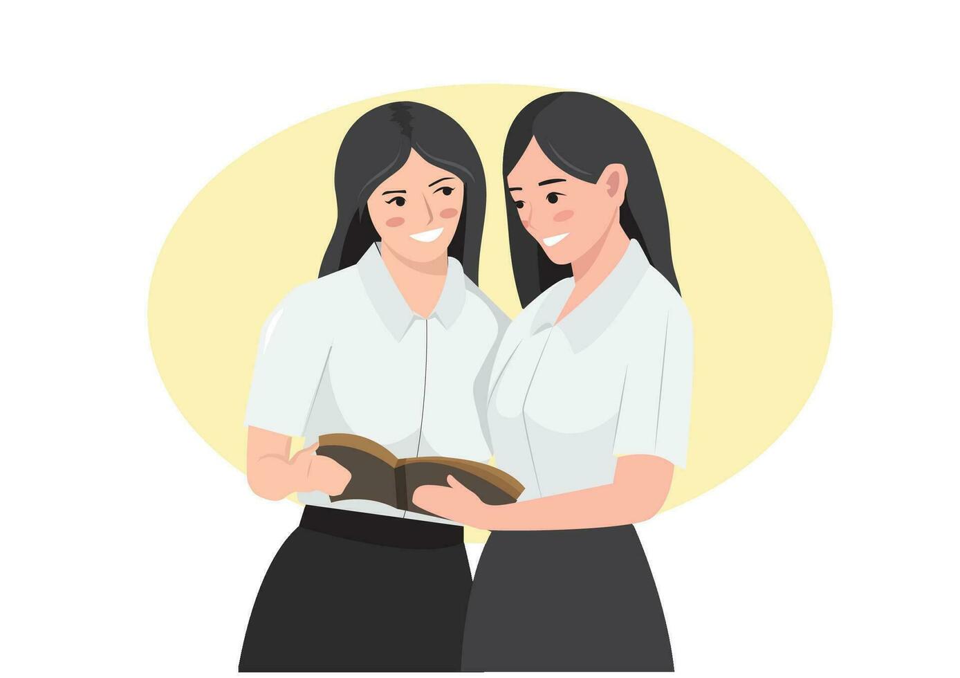 Two girls read a large old book. Express bright emotions. Vector illustration
