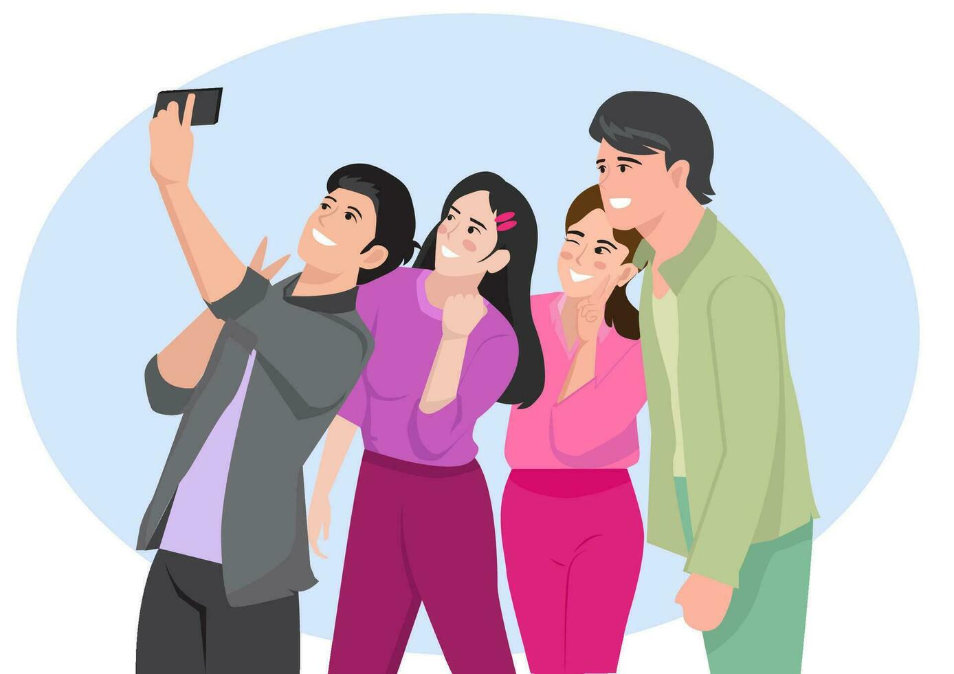 Friends, young men and women Take selfies together Capture the most impressive atmosphere vector