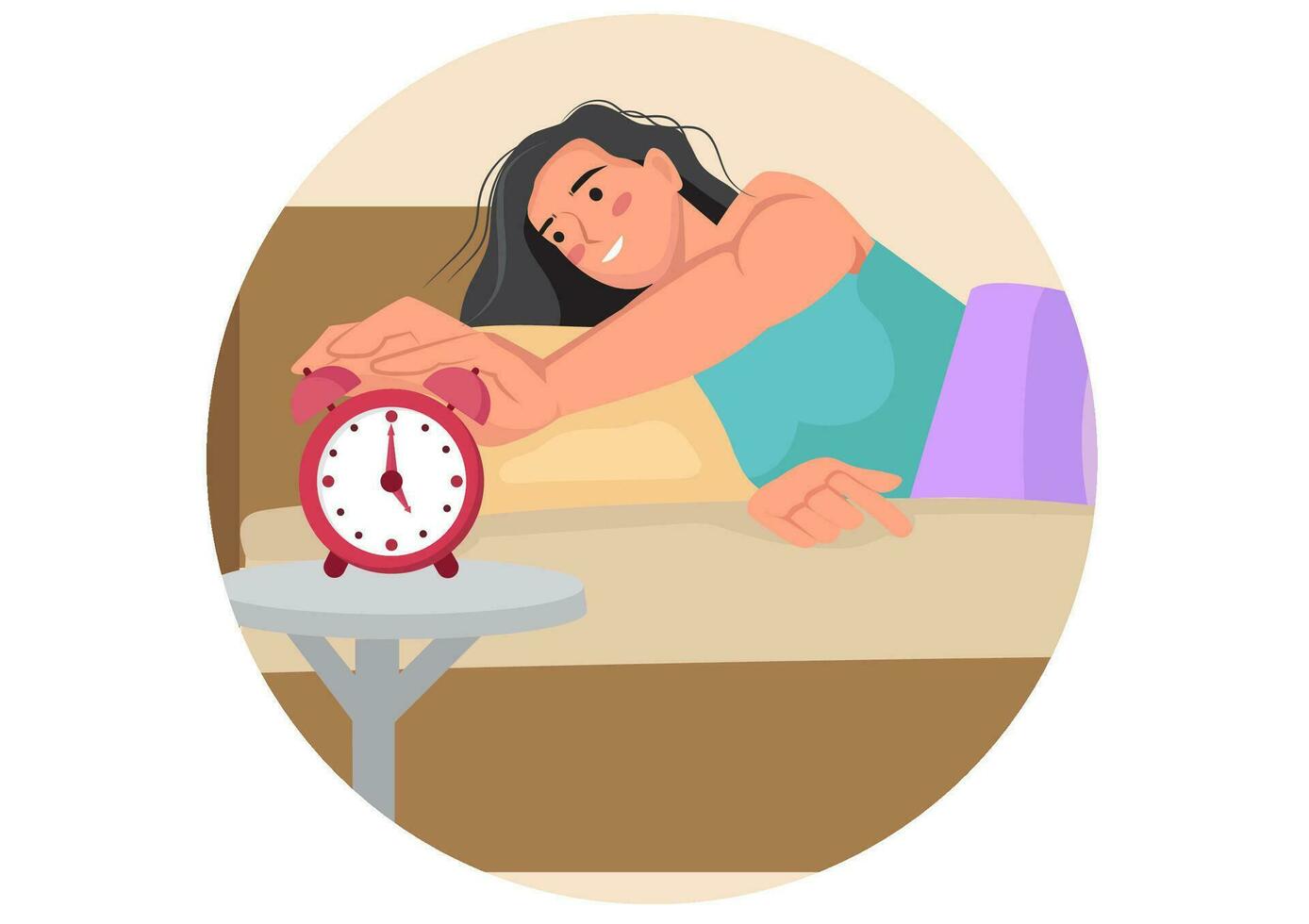 Sleepy girl can wake up early. Turn off the alarm clock to go to work. Vector illustration