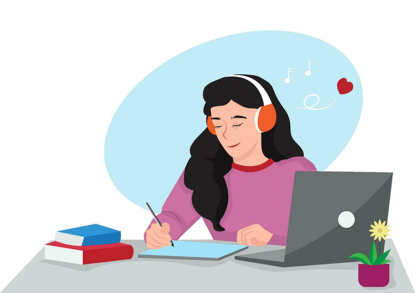 Student listening online courses, e-learning concept, flat illustration vector