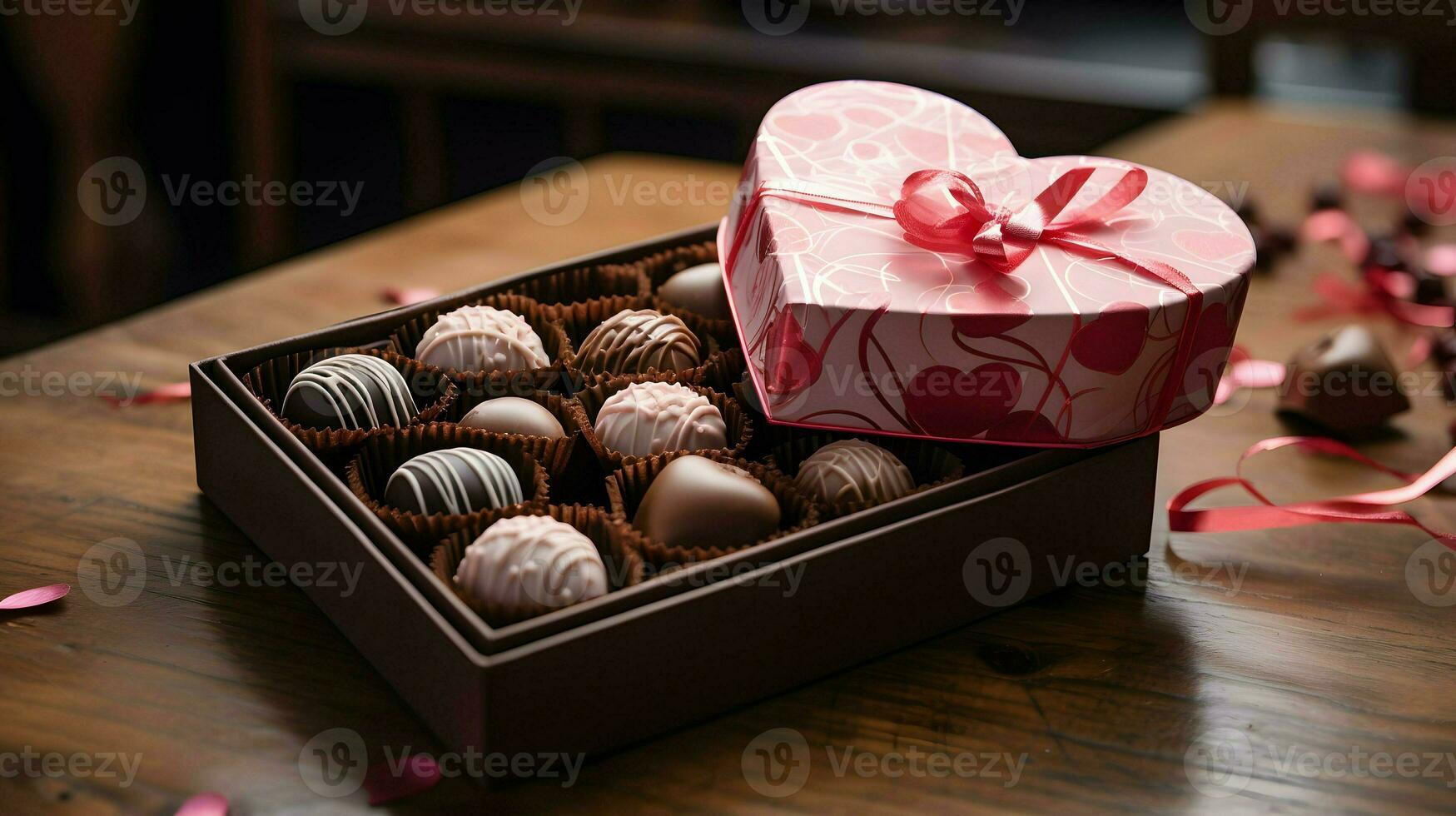 AI generated Valentines day background wallpaper, chocolate love, hearts, romantic roses, Generative AI photo