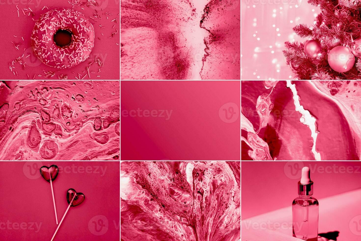 A collage showing the fashionable color of 2023 - Viva Magenta. Trending color 2023. photo