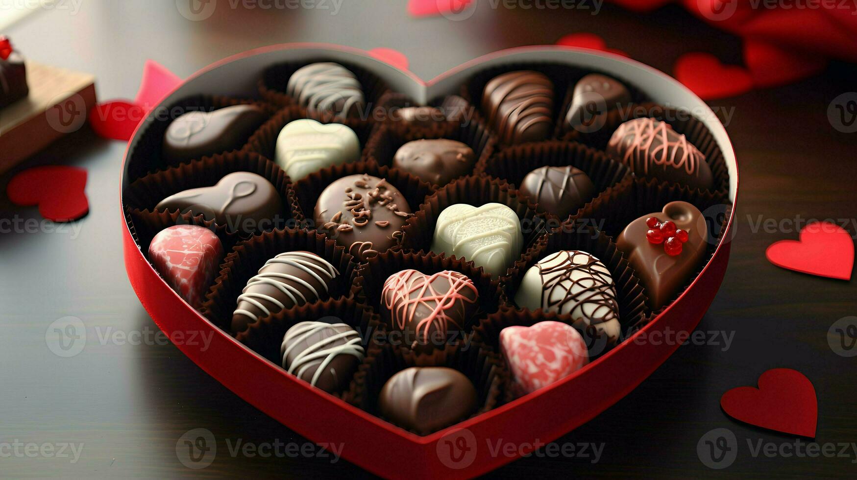 AI generated Valentines day background wallpaper, chocolate love, hearts, romantic roses, Generative AI photo