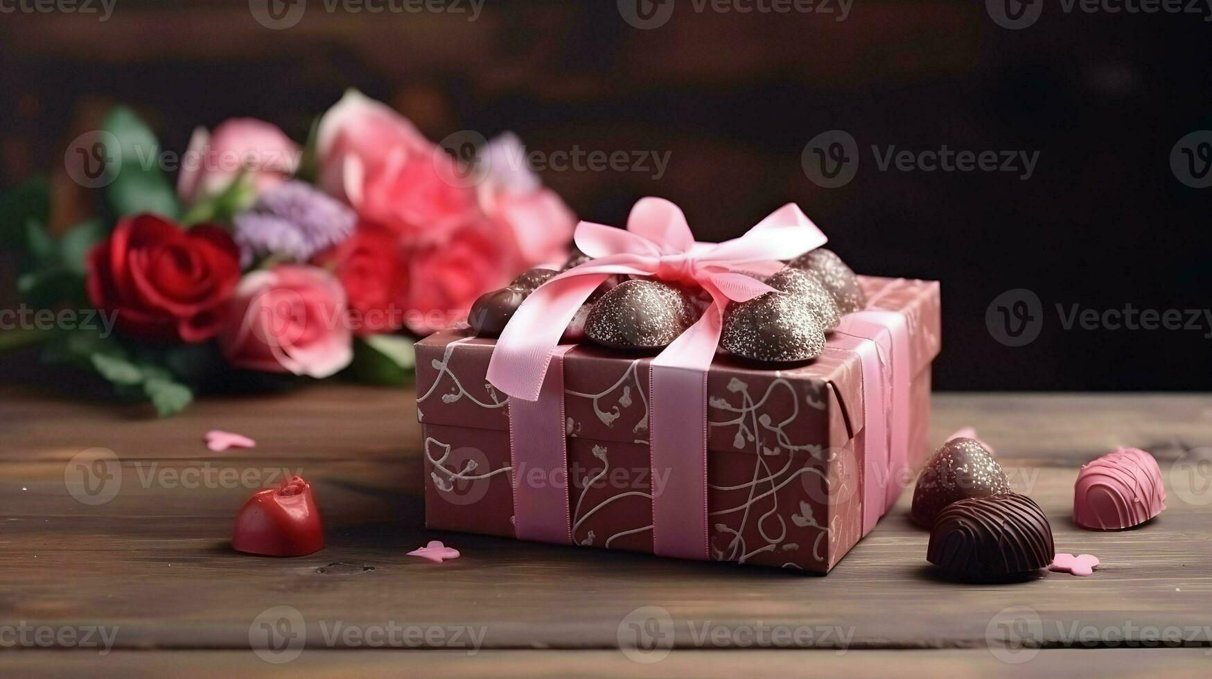 AI generated Valentines day background wallpaper, chocolate love, hearts, romantic roses, Generative AI photo