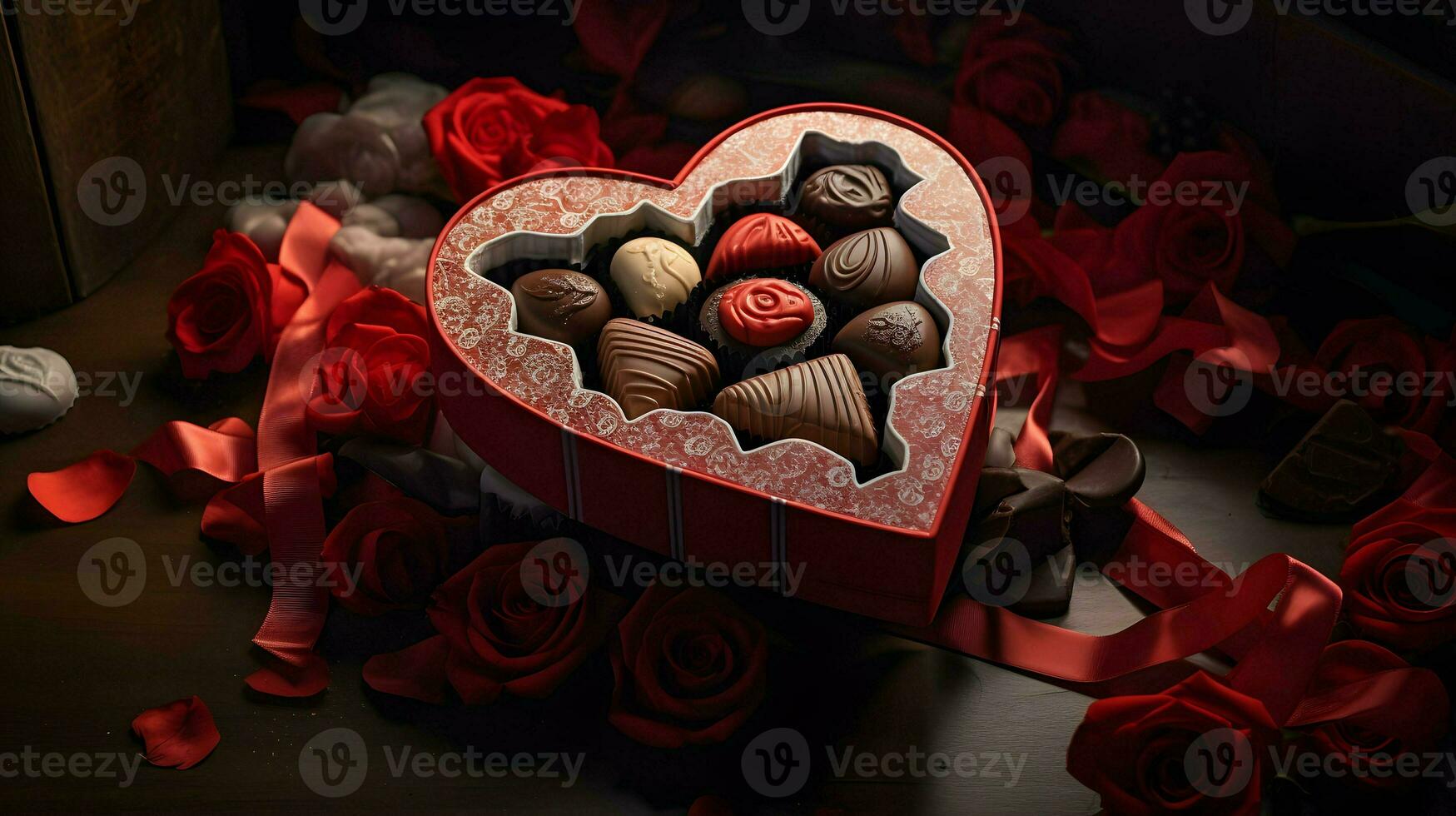 AI generated Valentines day background wallpaper, chocolate love, hearts, romantic roses, Generative AI photo