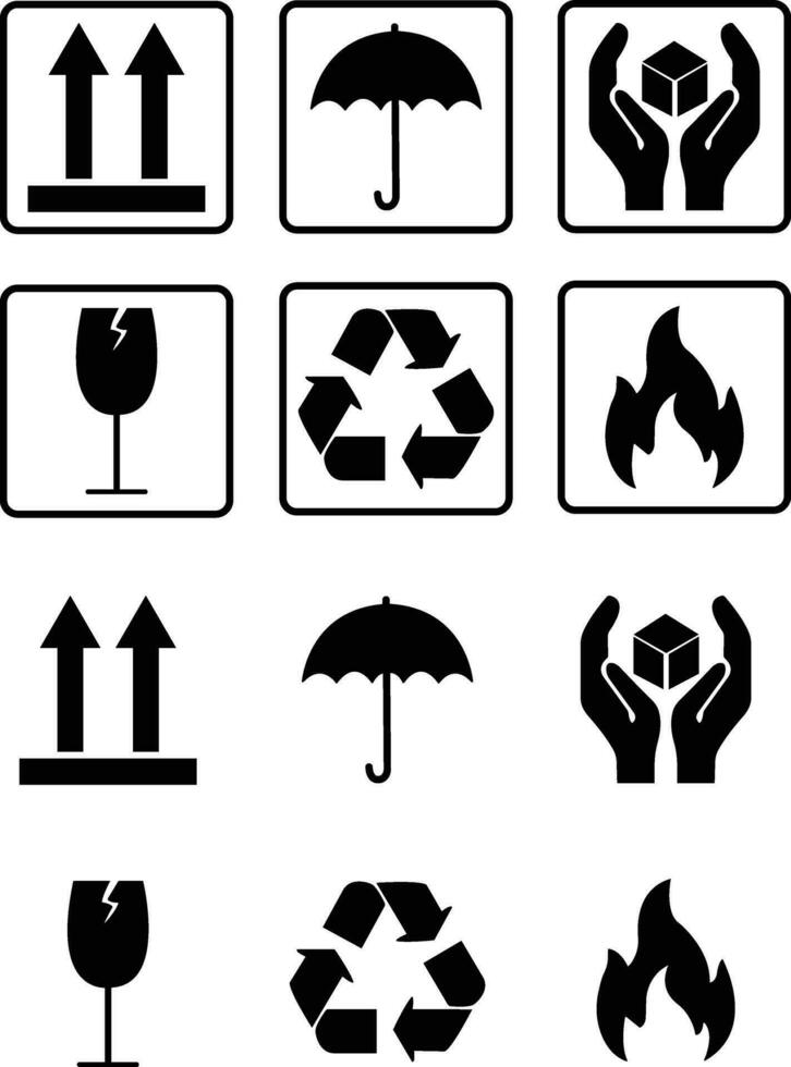 Common packaging, warning symbol set. flat style icons with frame Isolated on transparent background. recycle, Handle with care, collection of goods such as fragile cargo, logo vector apps website