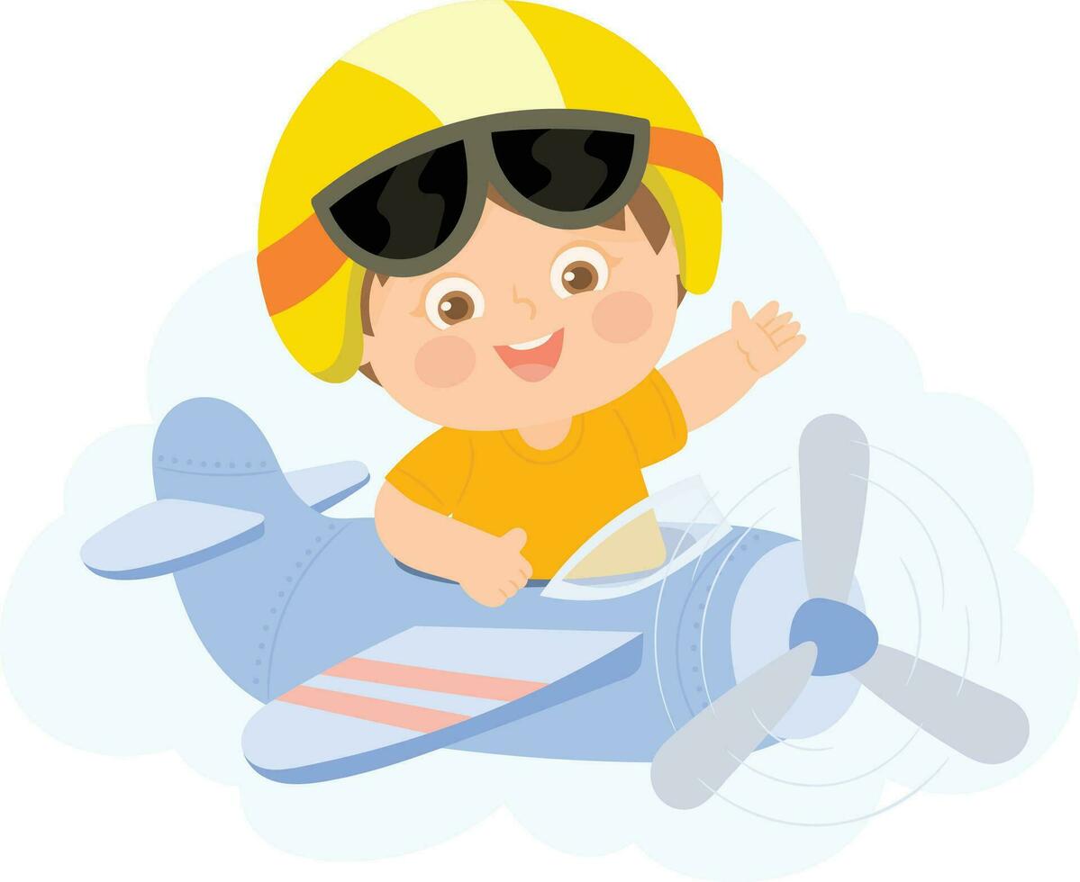Cute Boy Driving Plane. People Transportation Icon Concept. vector