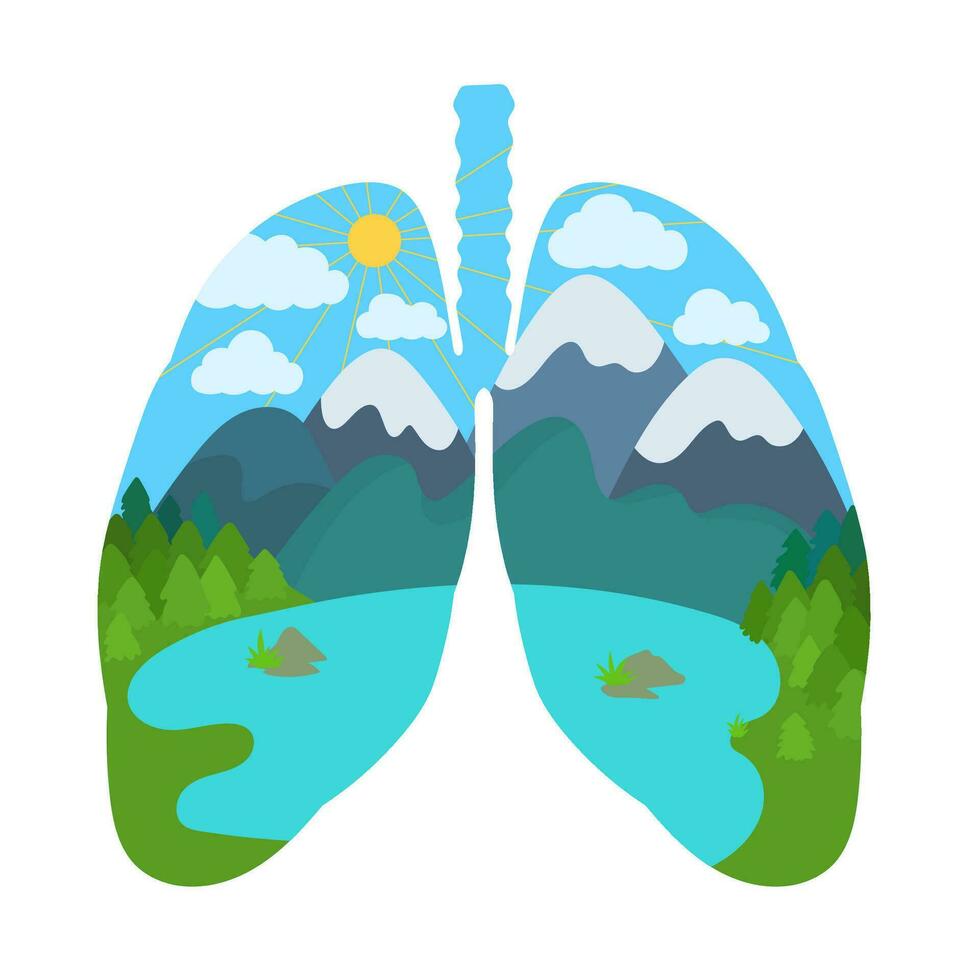Lungs with mountains and lake. Healthy and medicine or Natural green environment concept. vector