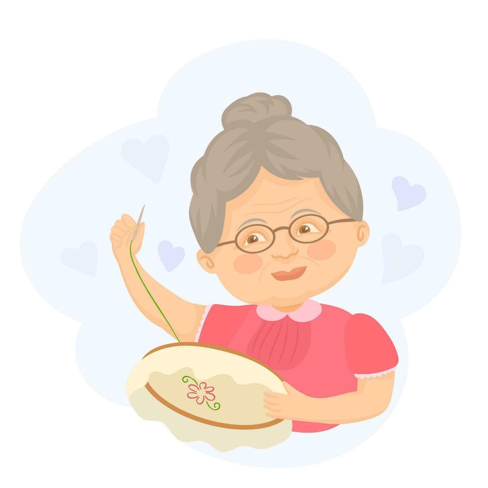 antiguo mujer Costura activo personaje. linda abuela vector