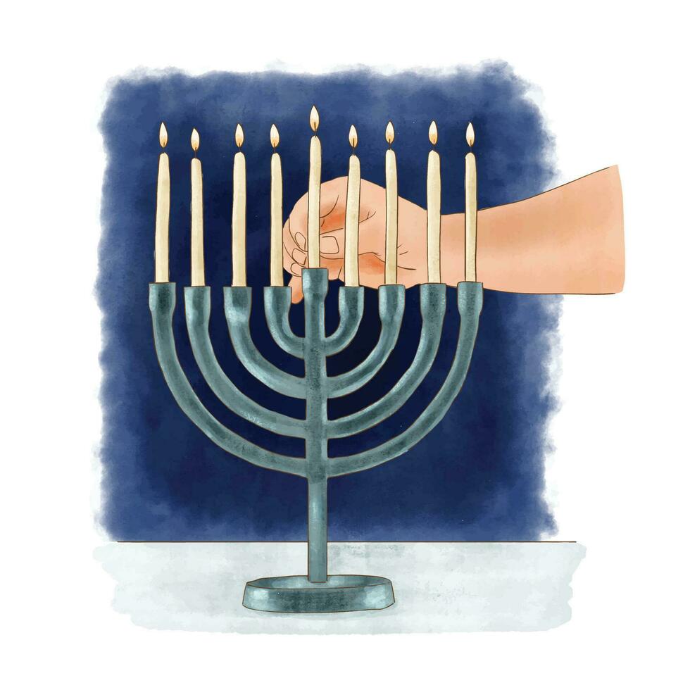 Lights hanukkah candles, jewish celebration. vector