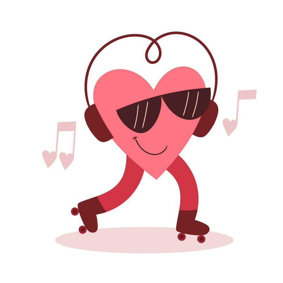 contento corazón con auriculares y rodillo patines vector