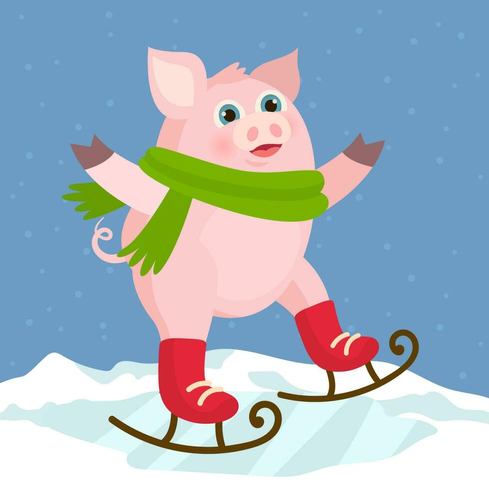 pig in a Christmas scarf on skates vector