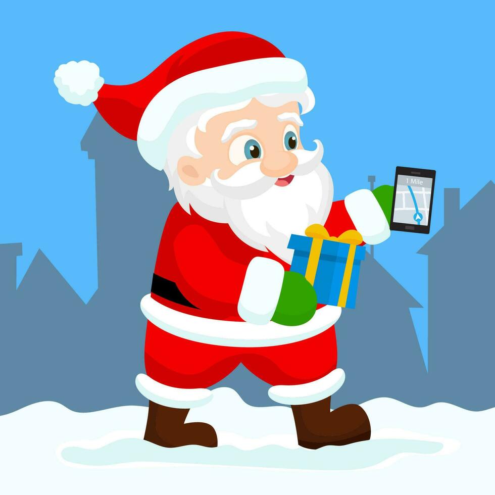 Papa Noel claus con GPS navegador en teléfono inteligente vector