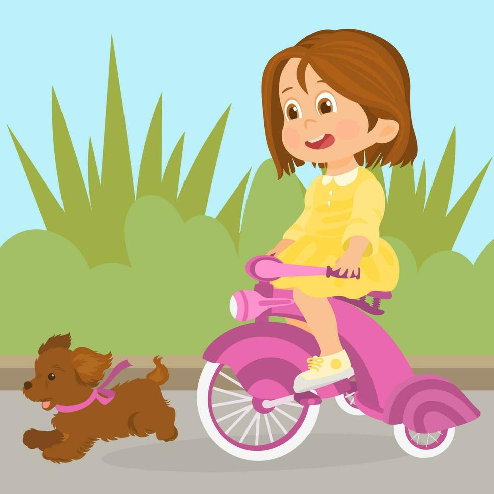 pequeño niña en bicicleta y perrito corriendo al aire libre vector