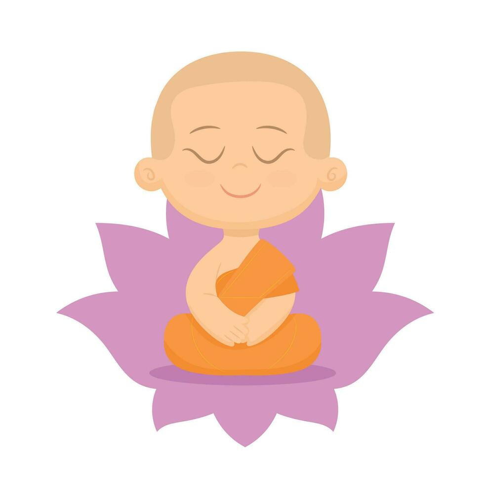 pequeño Buda dibujos animados personaje meditación en loto flor vector