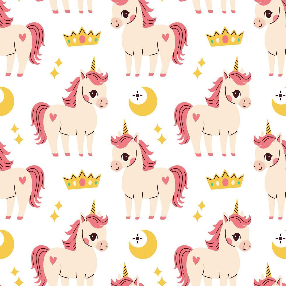 Cute unicorn seamless pattern on white background. Vector illustration for birthday, invitation, baby shower card, kids tshirts.
