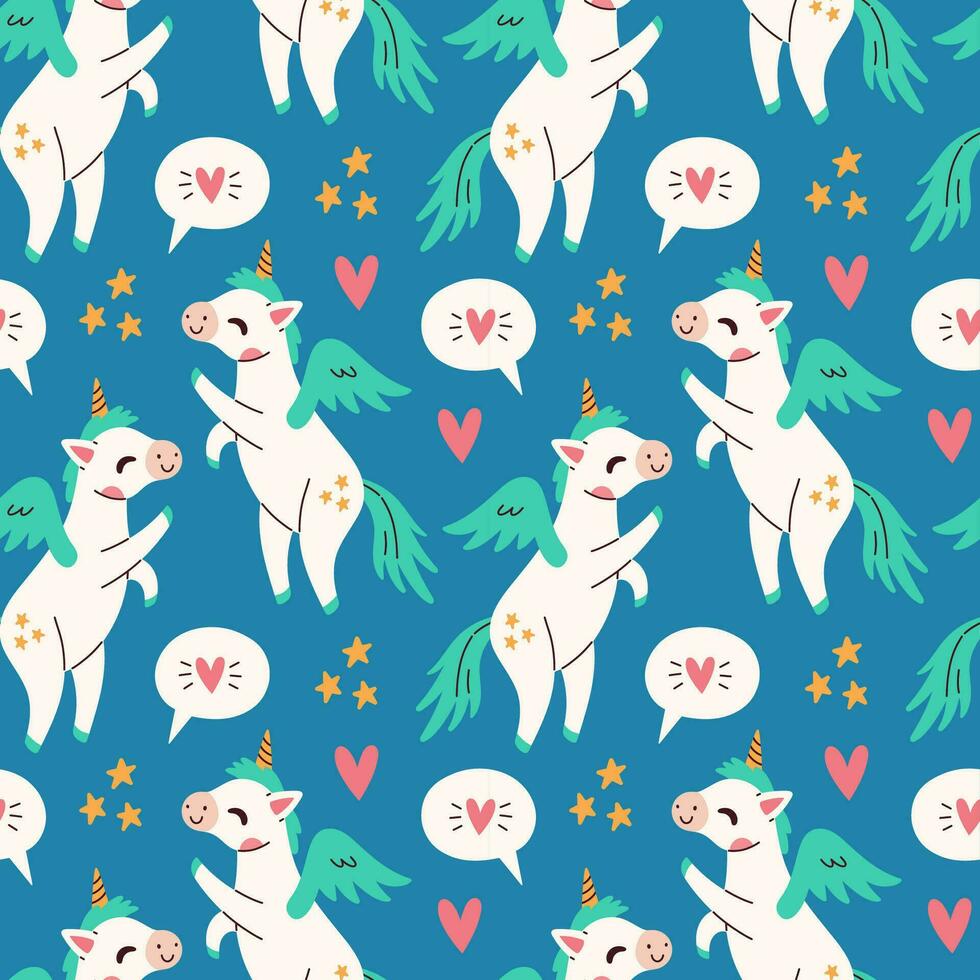 Cute unicorn seamless pattern on blue background. Vector illustration for birthday, invitation, baby shower card, kids tshirts.