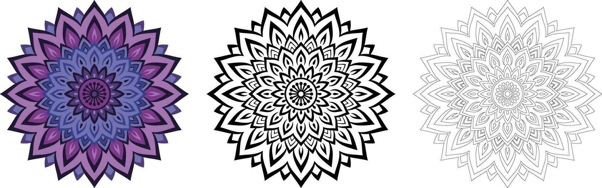 Collection of purple chakra mandala ornamental decoration pattern vector. Set of isolated cut out african floral henna pattern in black and white outline for coloring book. vector