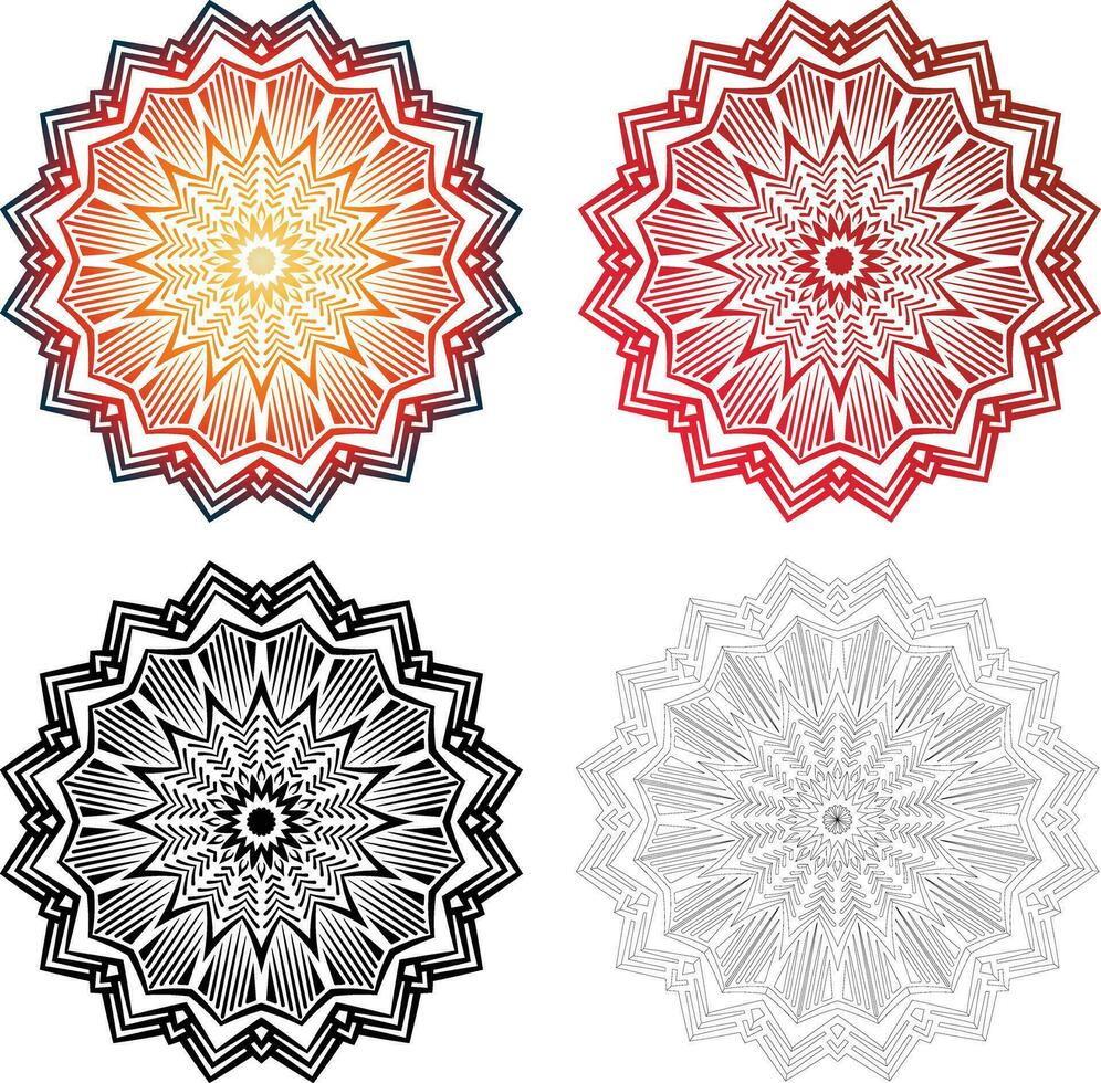 Collection of spikey flower like sun mandala ornamental decoration pattern vector. Set of isolated cut out african floral henna pattern in black and white outline for coloring book. vector