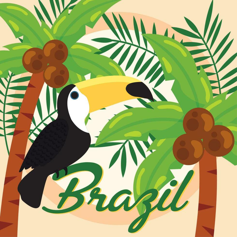 Colored travel to brazil background with a toucan Vector illustration