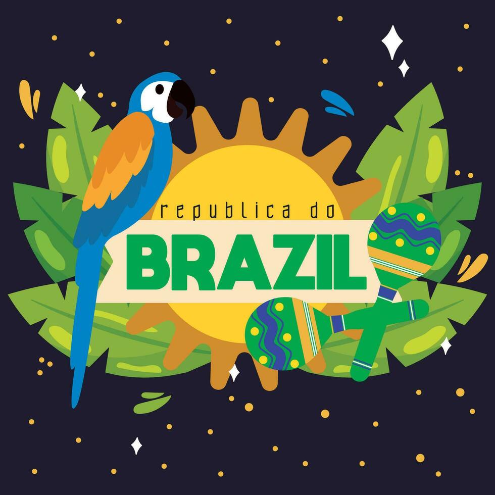 Colored Brazil background with leaves and a parrot Vector illustration