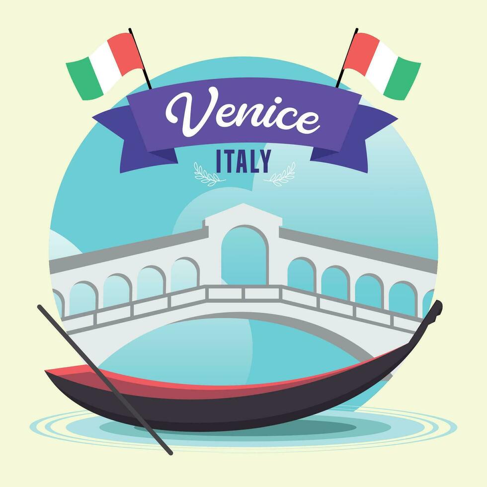 Gondola with a venice landmark Travel to Italy Vector illustration