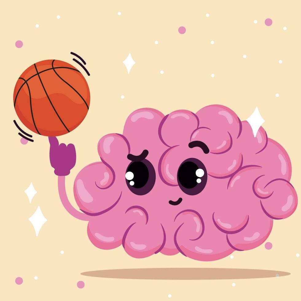 Cute brain cartoon character with a basketball ball Vector illustration