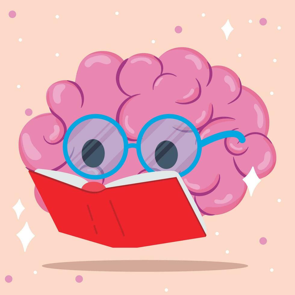 Cute brain cartoon character reading a book Vector illustration