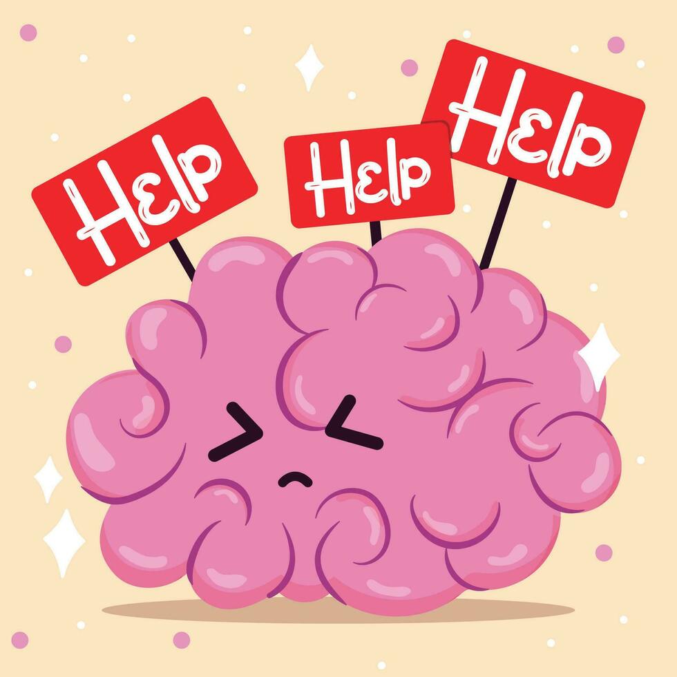 Cute brain cartoon character asking for help Vector illustration