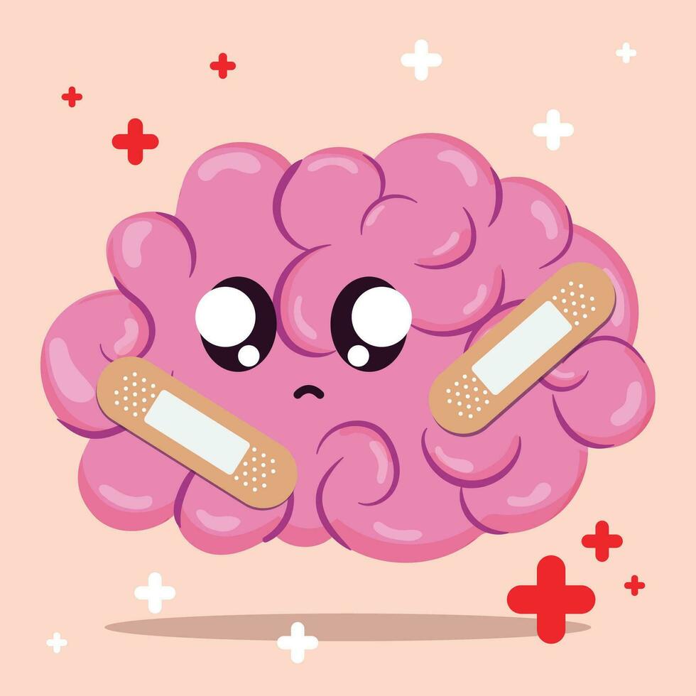 Cute brain cartoon character with injuries and bandages Vector illustration