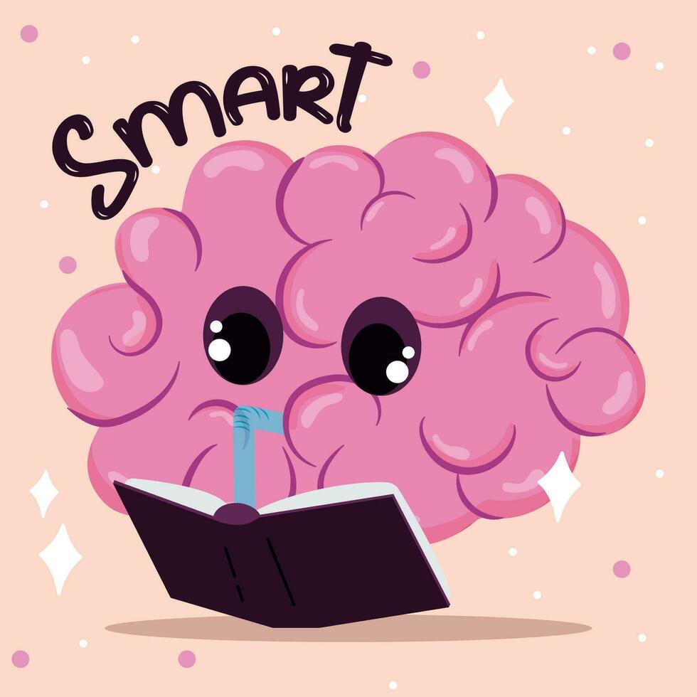Cute brain cartoon character drinking knowledge from book Vector illustration