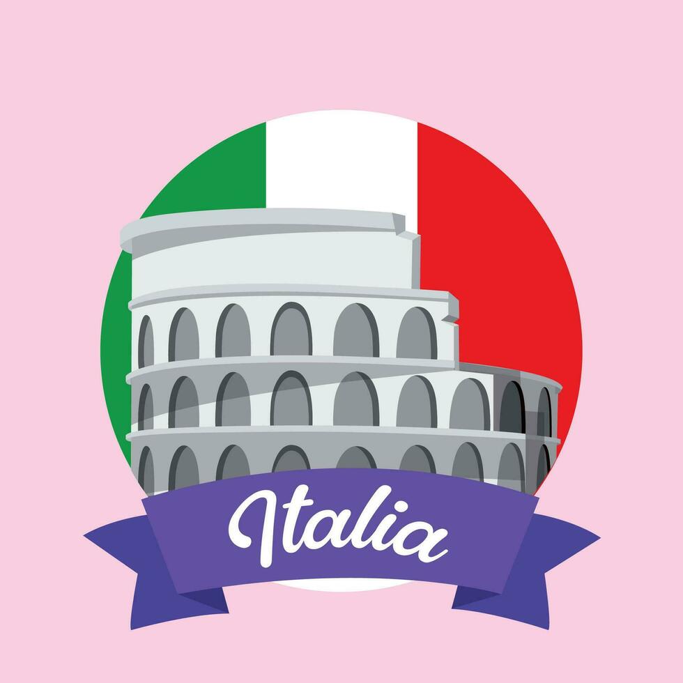 Roman coliseum landmark on badge Travel to Italy Vector illustration