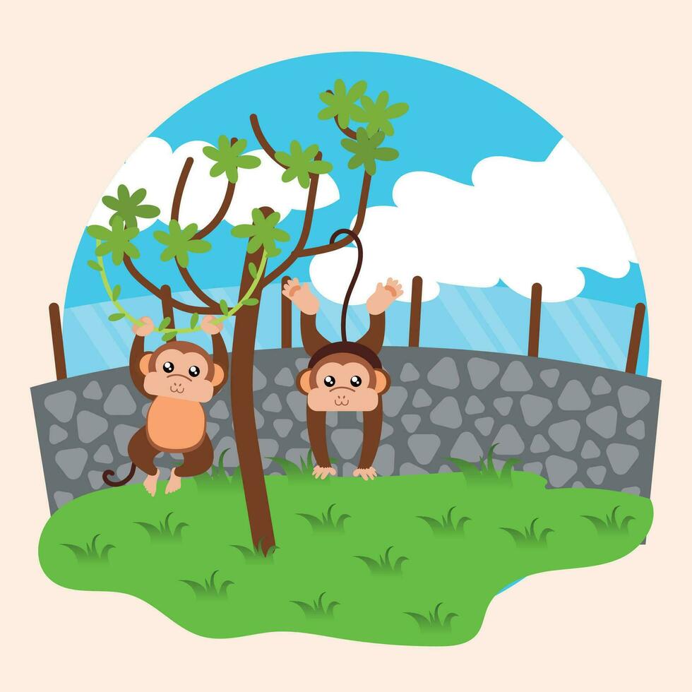 par de monos en un árbol zoo vector ilustración