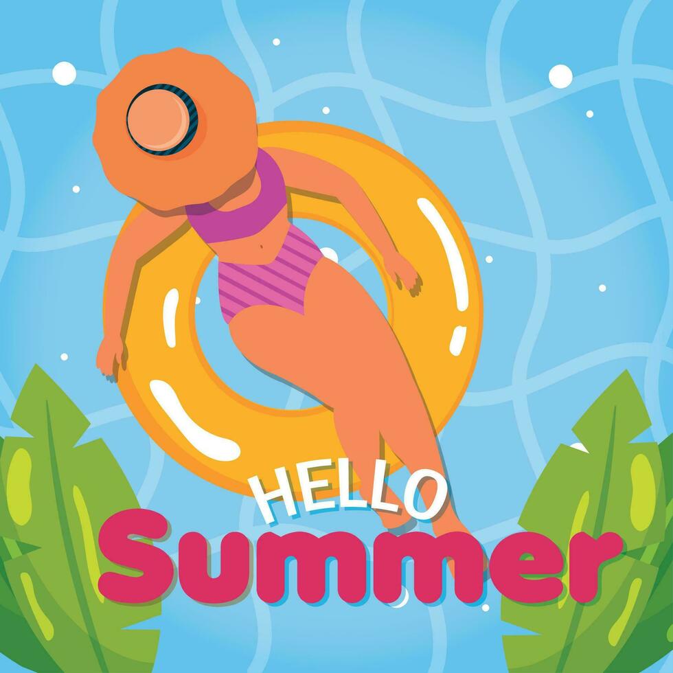 Summer girl on a lifesaver Hello Summer Vector illustration