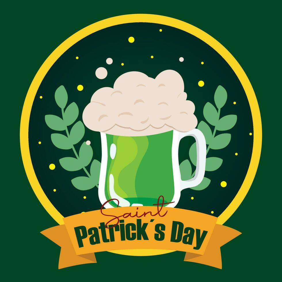 Beer with a laurel wreath Happy saint patrick day poster Vector illustration
