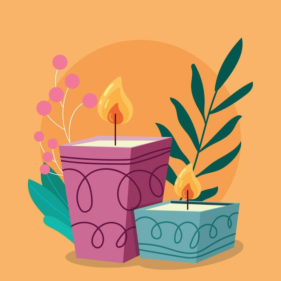 grupo de velas para amoraterapia y hojas vector ilustración