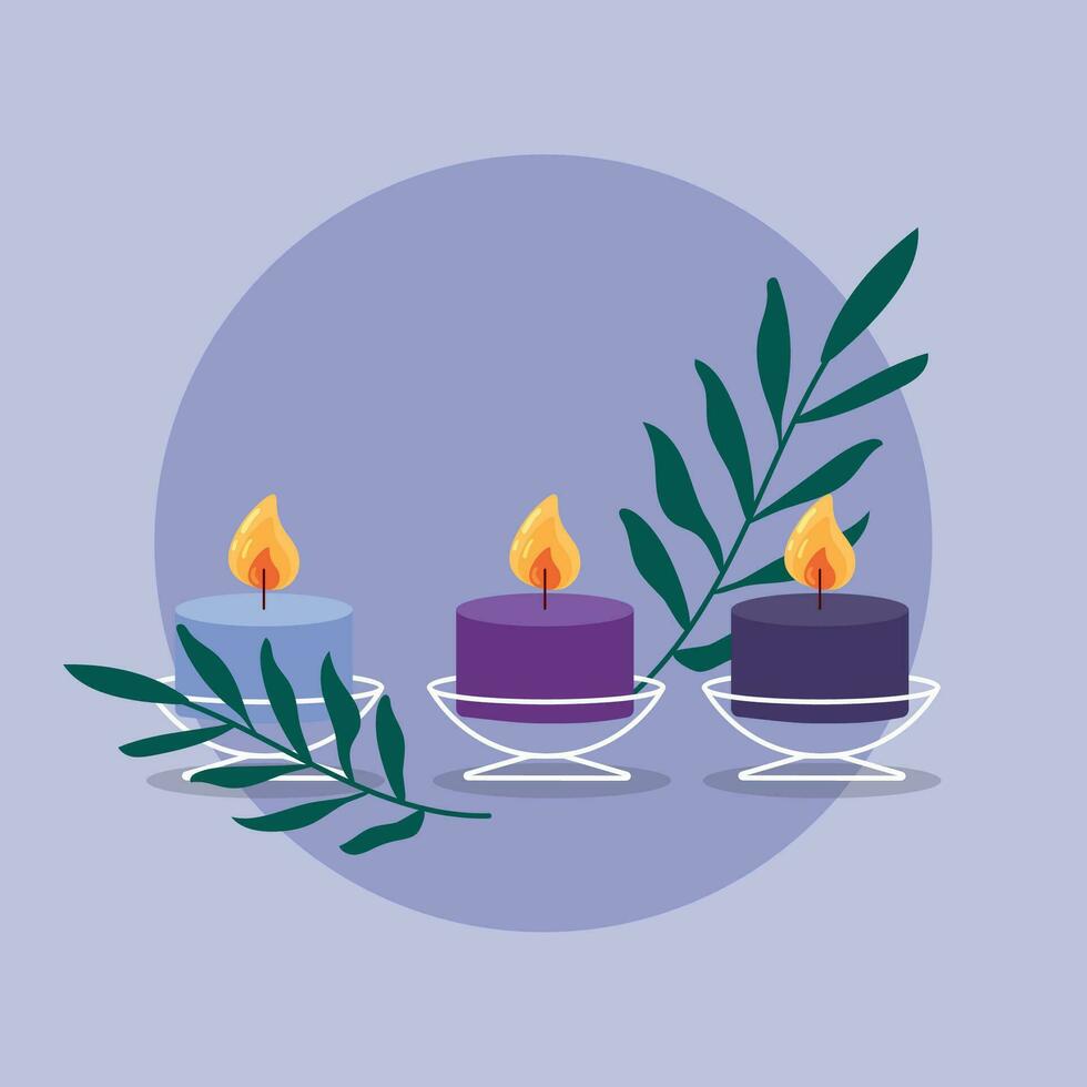 grupo de velas para amoraterapia y hojas vector ilustración