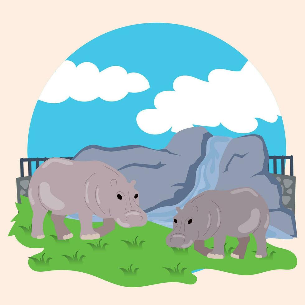 Pair of cute hippos on a zoo Vector illustration