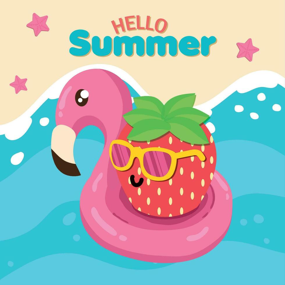 Cute strawberry character with lifesaver Hello summer Vector illustration