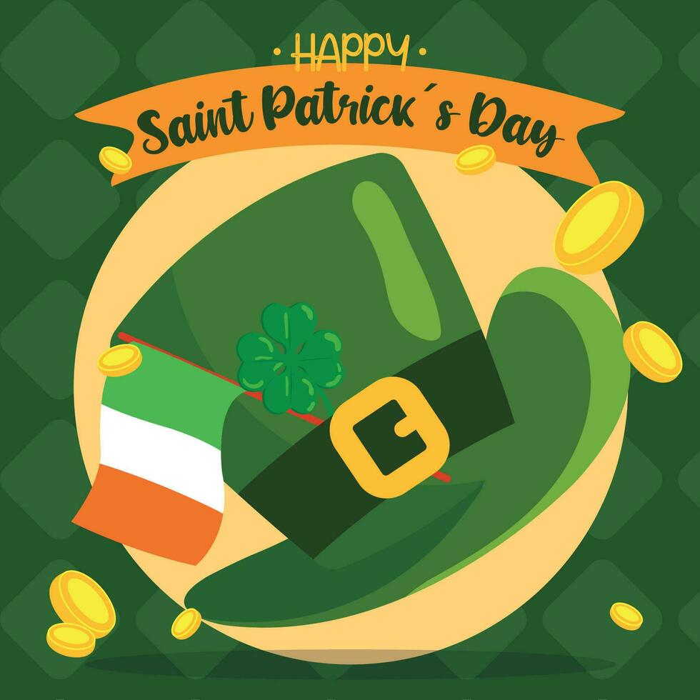 Traditional hat with irish flag Happy saint patrick day poster Vector illustration