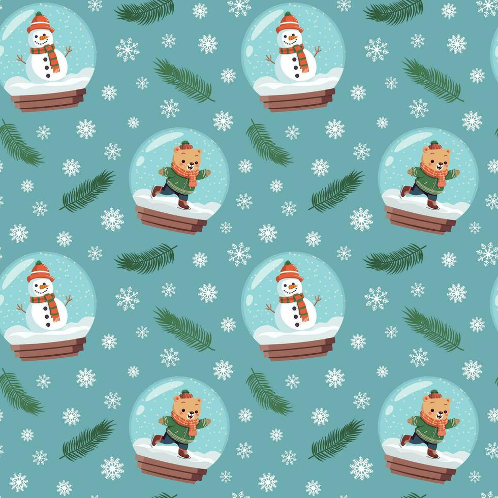 Vector seamless pattern with hand drawn snow globe with different characters. Design for winter season or Christmas.