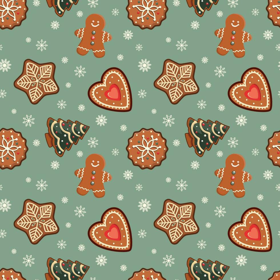 Christmas gingerbread cookies seamless pattern on green background. Winter holiday bakery Vector winter season pattern. Merry Christmas and New Year design