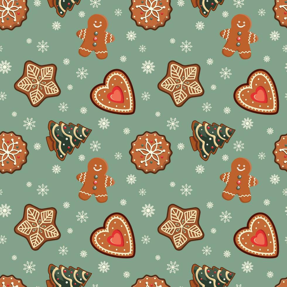 Navidad pan de jengibre galletas sin costura modelo en verde antecedentes. invierno fiesta panadería vector invierno temporada modelo. alegre Navidad y nuevo año diseño