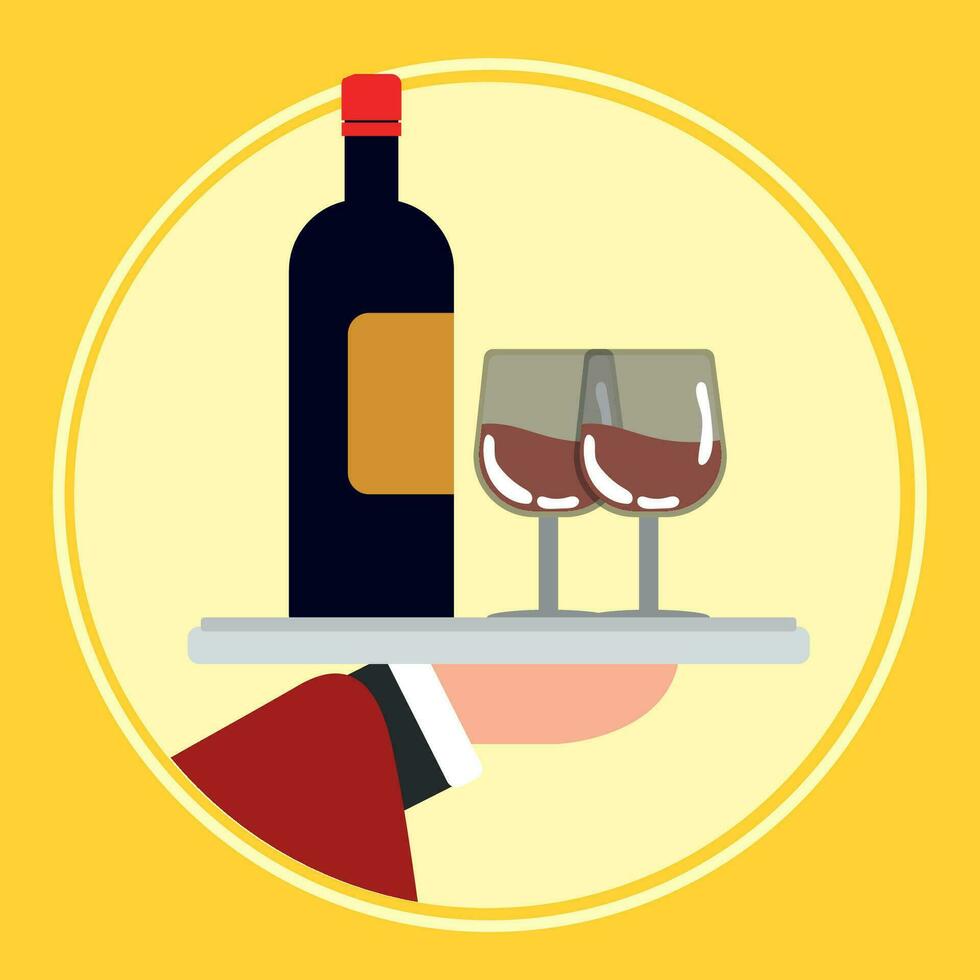 Waiter hand holding wine glasses and bottle Vector illustration