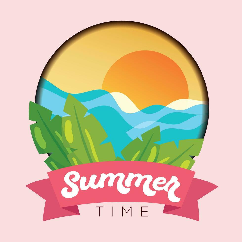 Summer time poster with sunset on the horizon badge Vector illustration