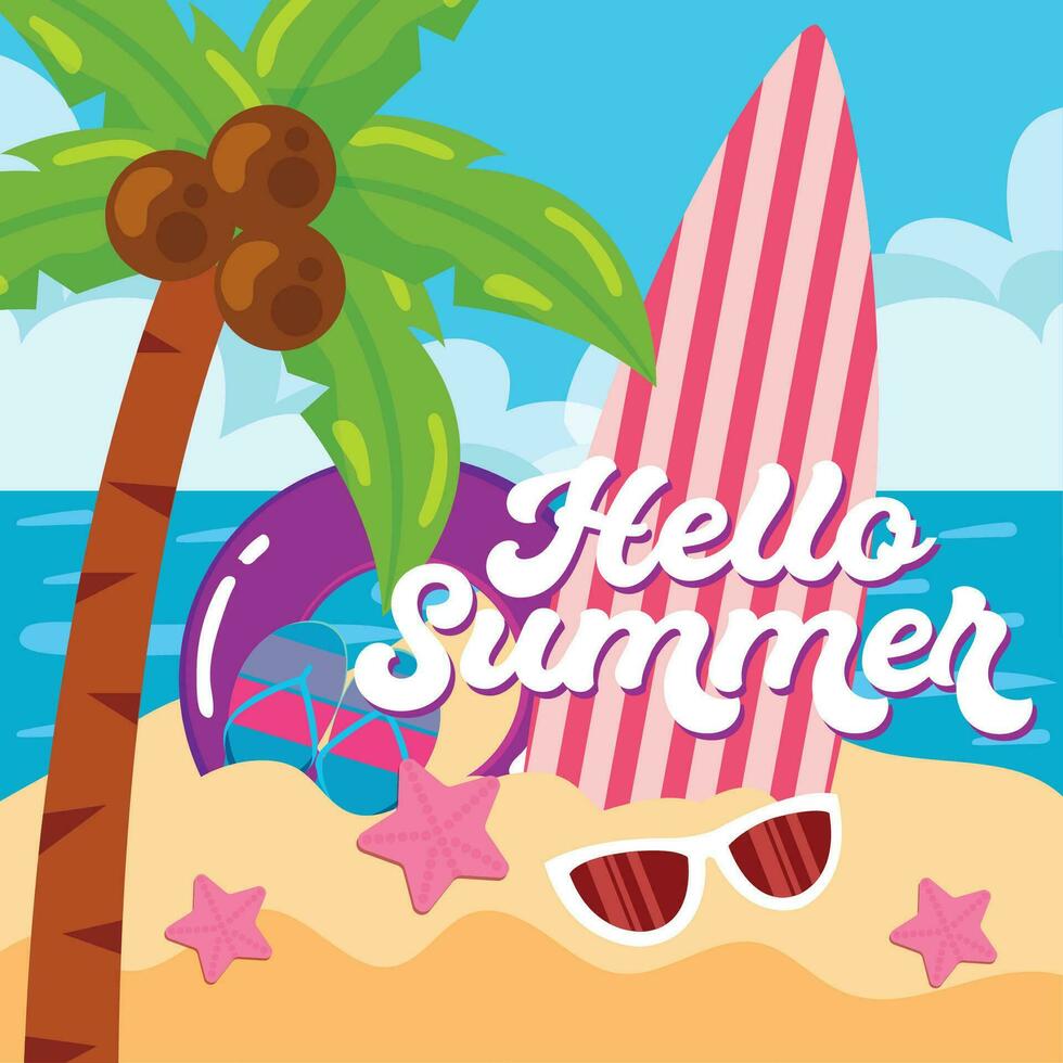 Hola verano póster con playa íconos vector ilustración