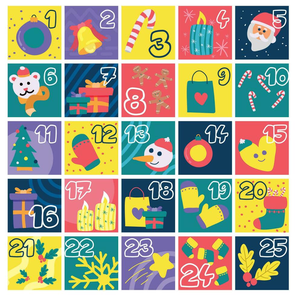 Colored advent calendar with different christmas objects Vector illustration